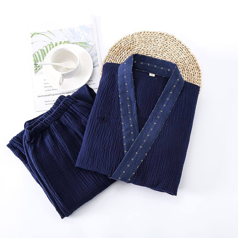 Finlies - Pyjamaset: effen kimonotop met lange mouwen en contrasterende bies + broek