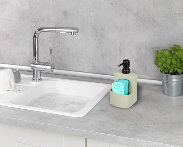 WENKO Spülmittelspender »Modell Festival« aus Keramik, Soft-Touch Beschichtung, mit Spülschwamm-Fach, 380 ml