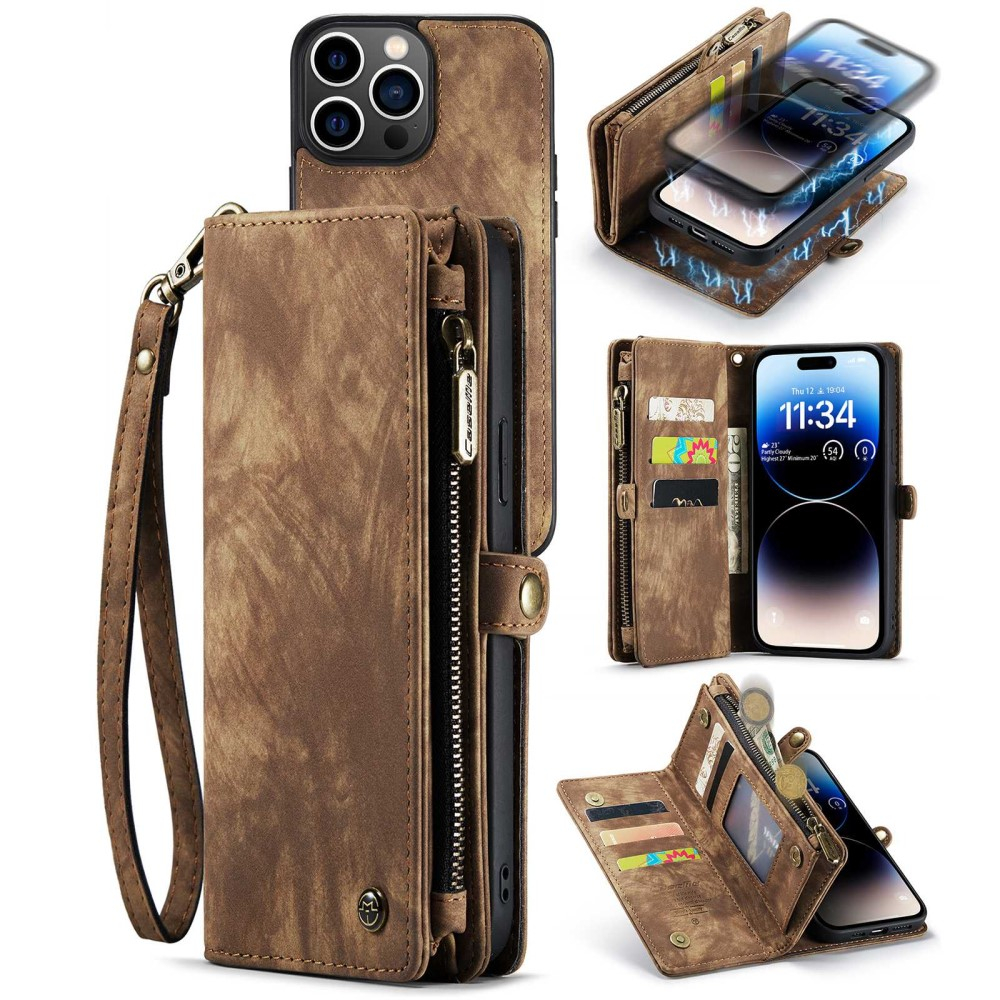 iPhone 14 Pro 2in1 Leder Tasche   Magnet Hardcase Karten Etui - Braun