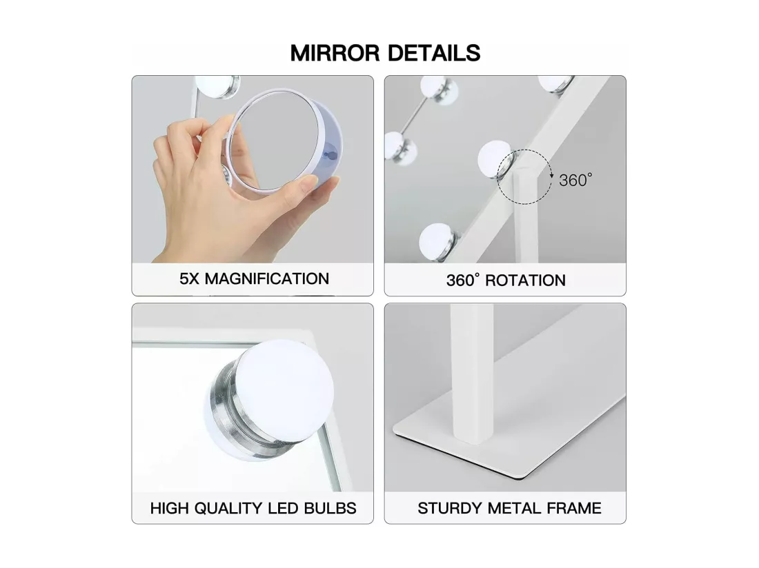 Miroir Maquillage Lumineux Led 12 Ampoules 3 Couleurs Luminosité Ajustables Ecran Tactile & Loupe de Grossissant 5X blanc 30cm x 41cm