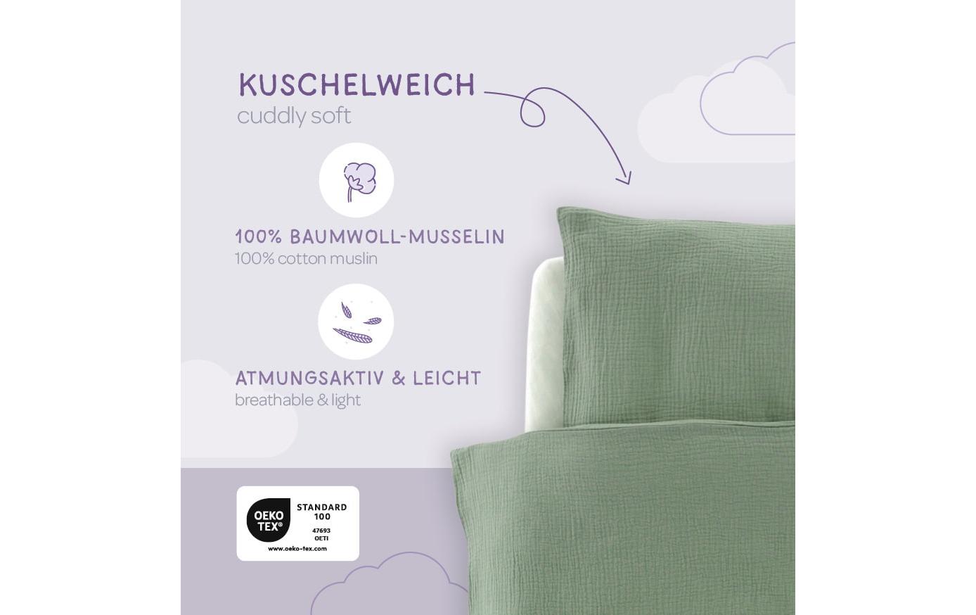 Kinderbettwäsche salbei grün 100/135 + 40/60 cmKuschelige Bettwäsche, extra hautsymphatisch und geschmeidig