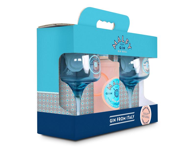 Malfy Geschenkset Gin Rosa 0.7 l & 2 Gläser Geschenkbox mit fruchtiger Spirituosen Spezialität aus Italien und zwei Gläsern