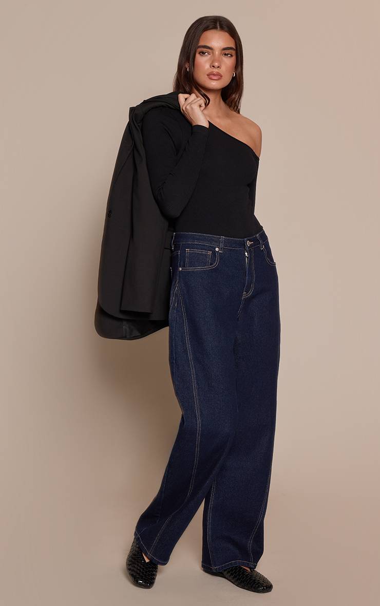 Noir Body Asymétrique Côtelé Contour À Manches Longues