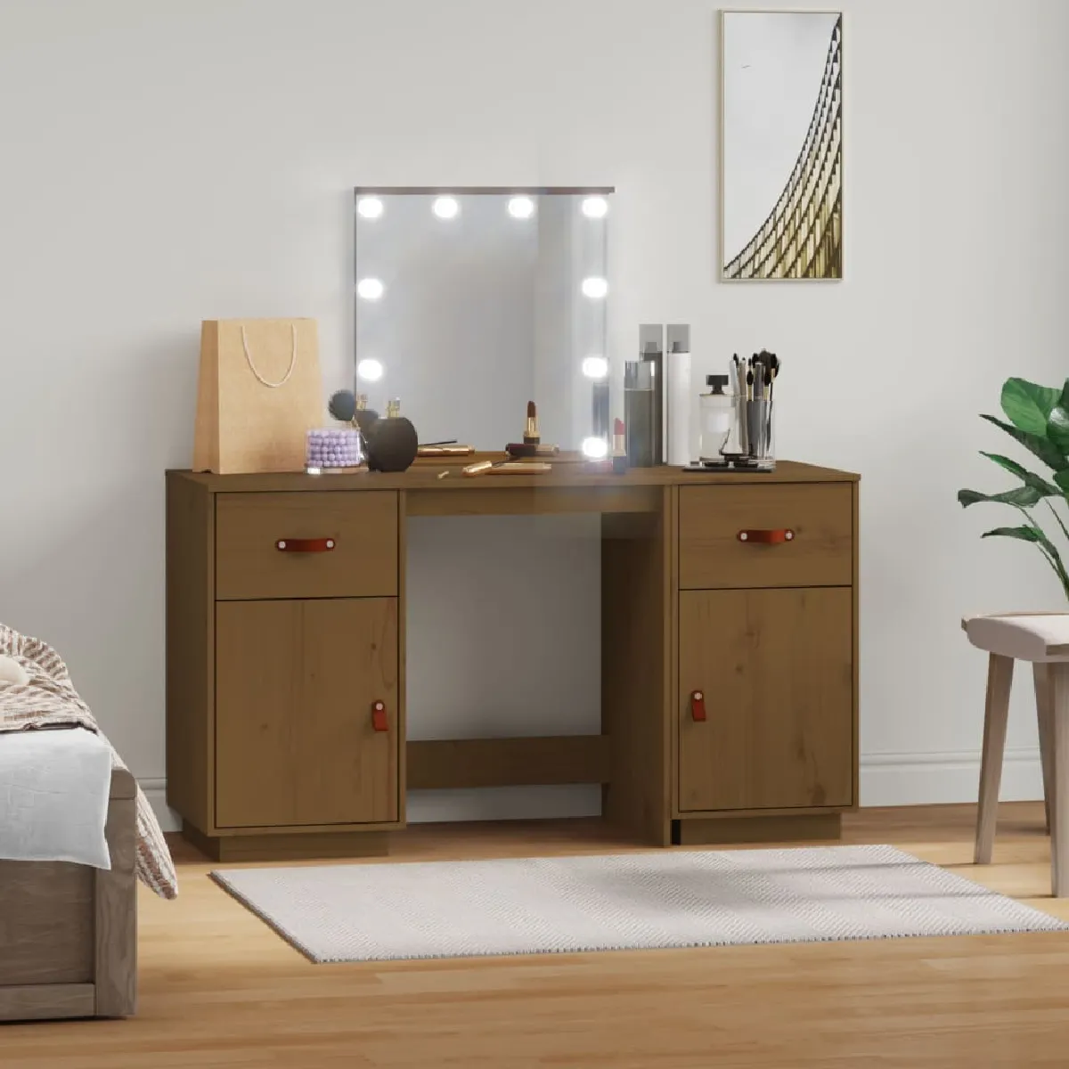 vidaXL Coiffeuse avec LED - Marron Miel