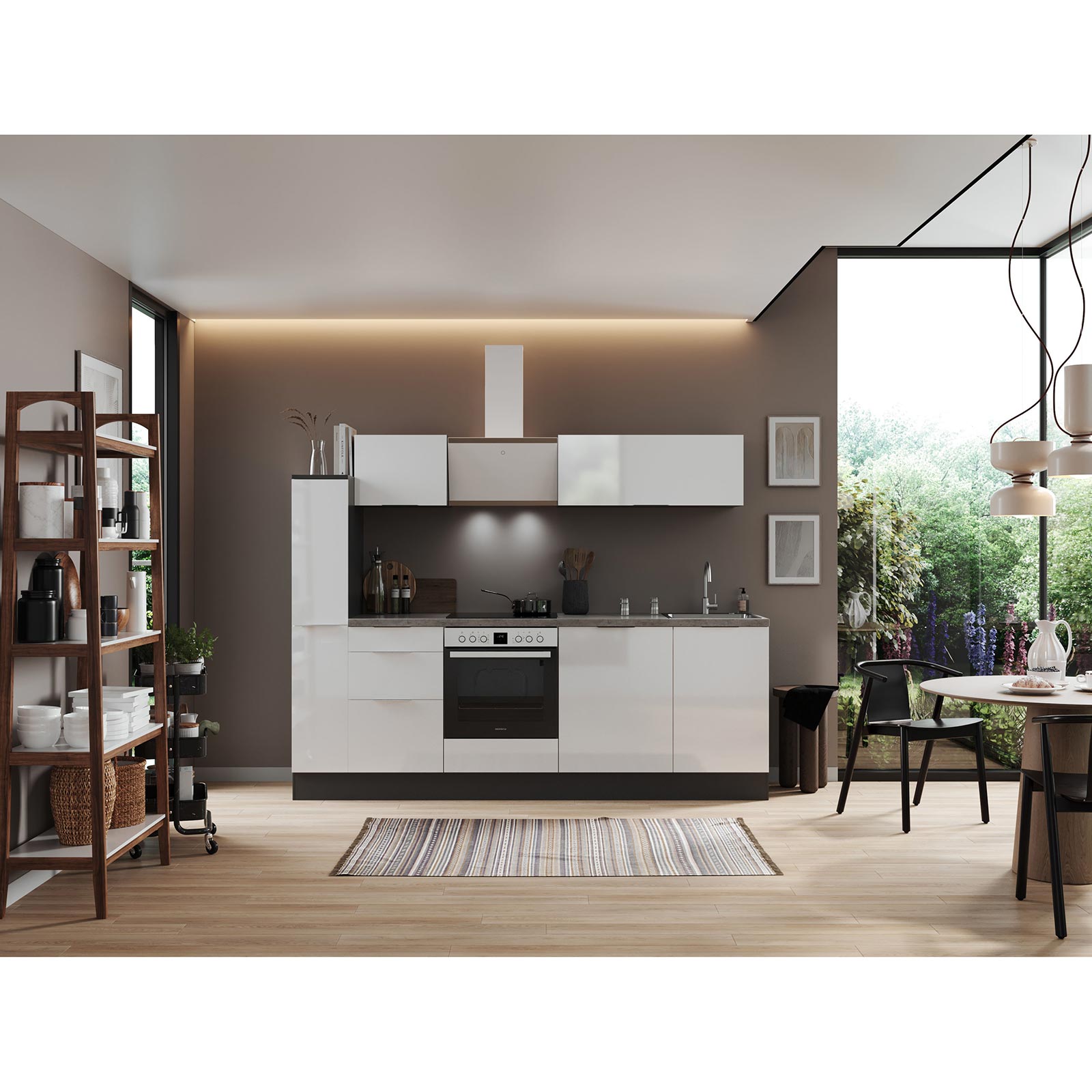 RESPEKTA Küchenblock - weiß Hochglanz - grau matt - mit E-Geräten - 250 cm