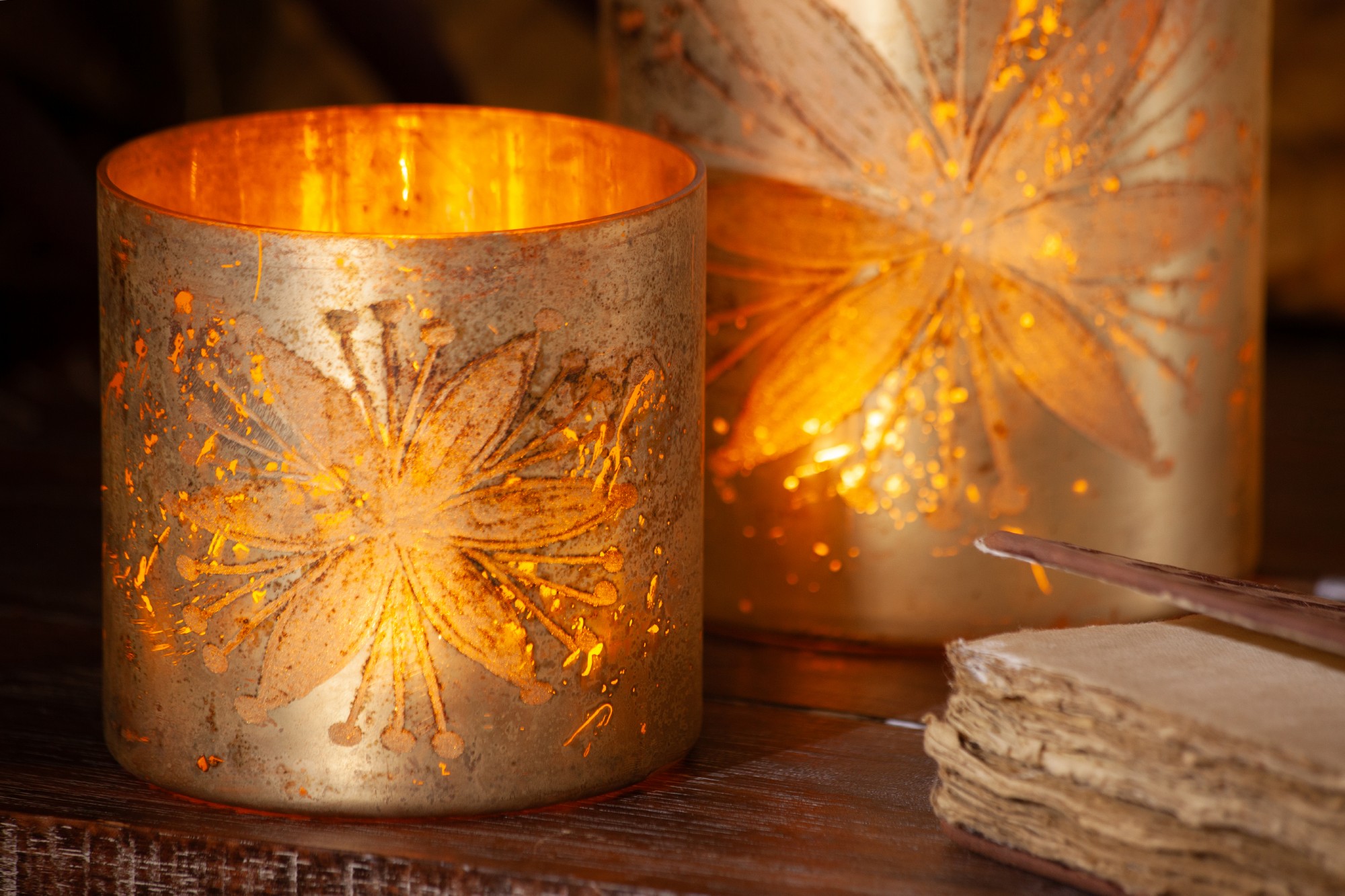 Windlicht 'Blume', antik gold, Ø 13 cm, H 13 cm von fischer's lagerhaus