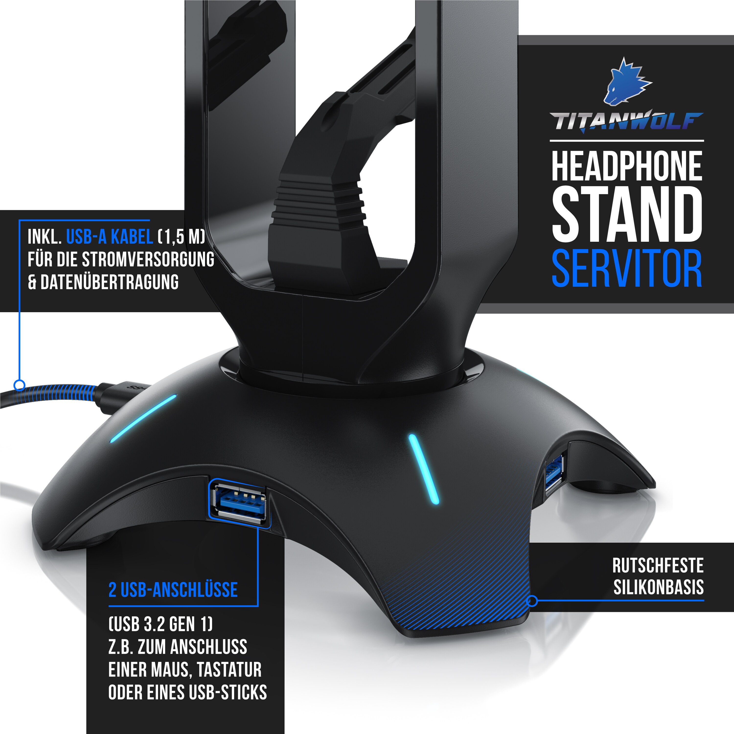Titanwolf Kopfhörerständer mit 2 x USB 3.2 und Mausbungee Headphone stand mit Farbwechselmodus