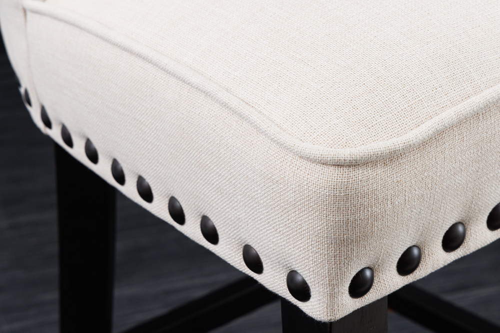 Design Barhocker CASTLE beige schwarz Strukturstoff mit Lehne Holz Chesterfield