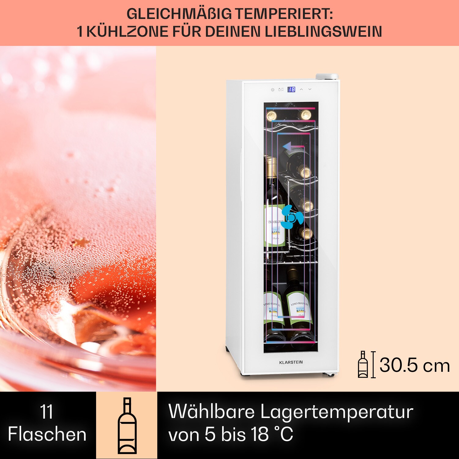 Shiraz 12 Slim Uno Weinkühlschrank 32l/12Fl.Touch 85 W 5-18 °C LED Weiß 32 Liter / 12 Flaschen