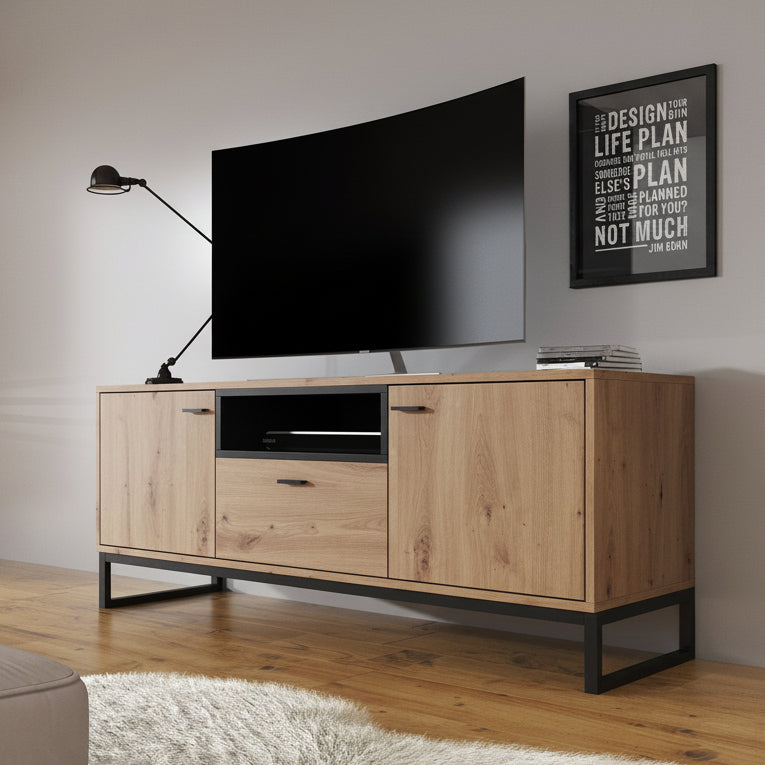 Ozzy - TV-Meubel met 2 deuren - Eiken/zwart - 135x40x55cm