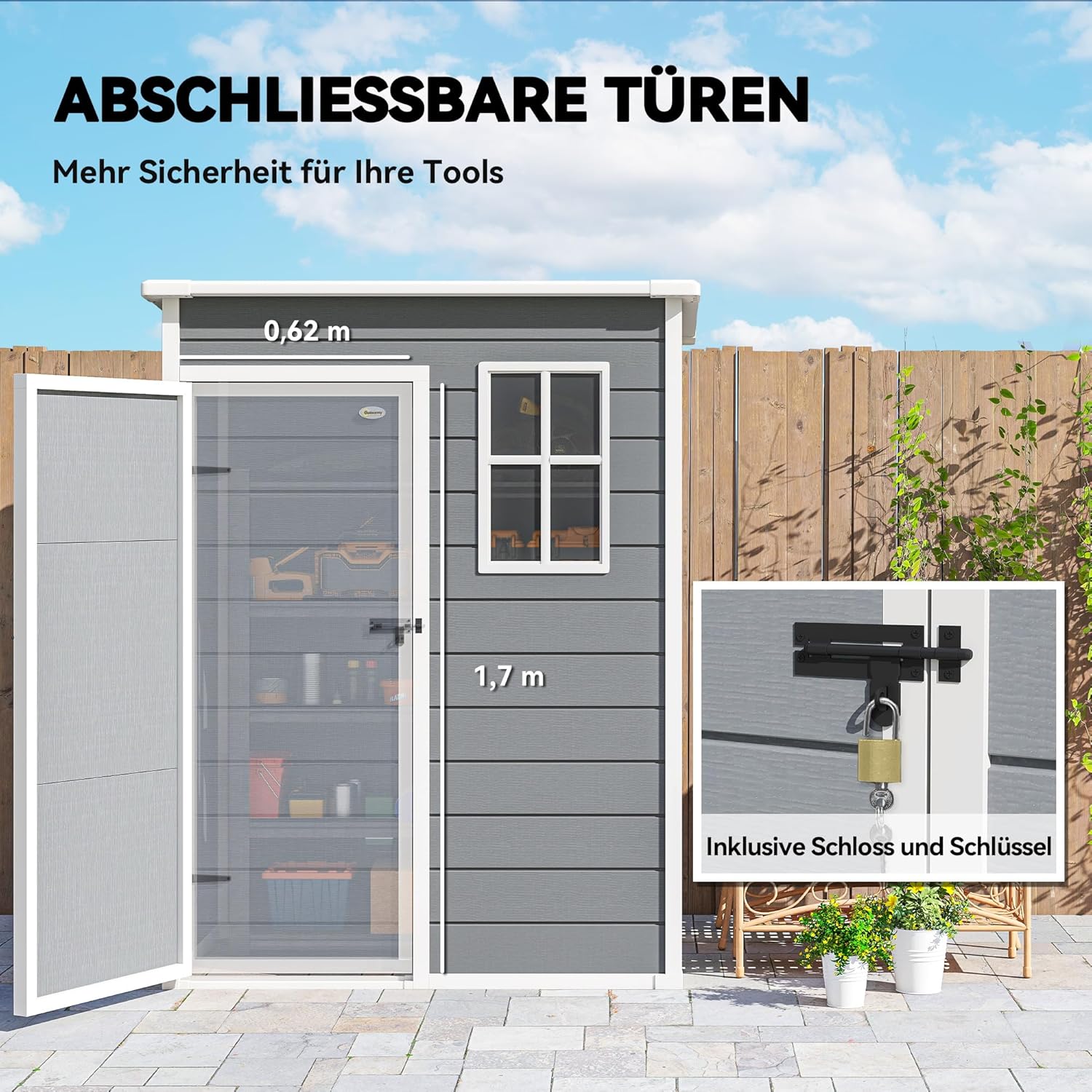 Outsunny Gerätehaus Kunststoff 1,14m² 151 x 92 x 193cm Geräteschuppen mit Pultdach Boden Fenster Abschließbarer Tür wetterfest Gartenhaus Outdoor Garten Schuppen für Hinterhof Grau