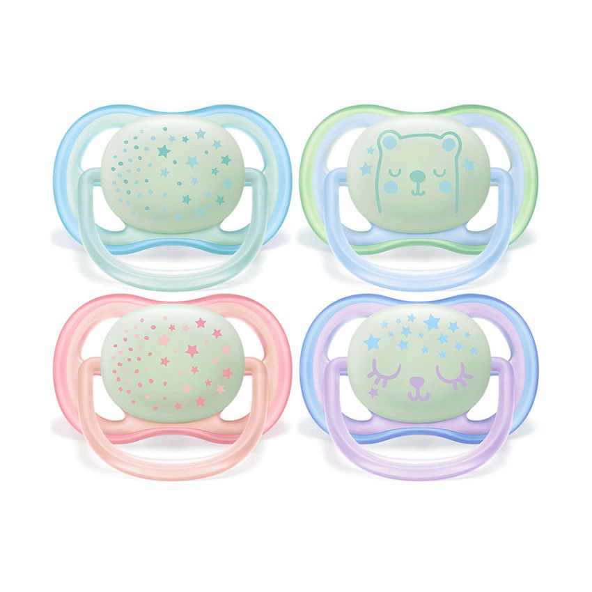 Lot de 2 sucettes phosphorescentes Ultra Air Night 0-6M - Bleu/Vert ou Rose/Violet - Ecru