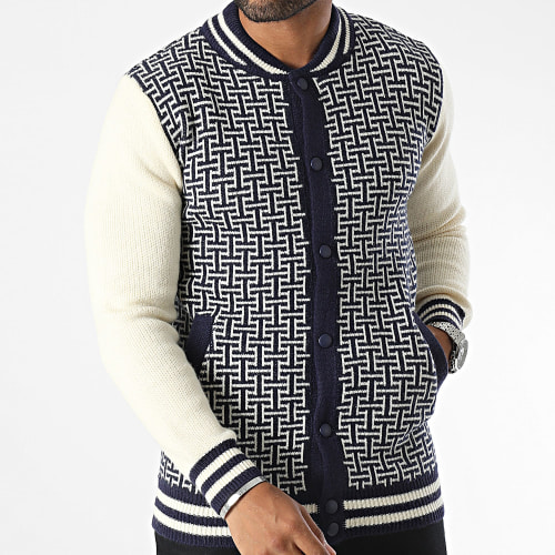 Pull Boutonné Bleu Marine Beige