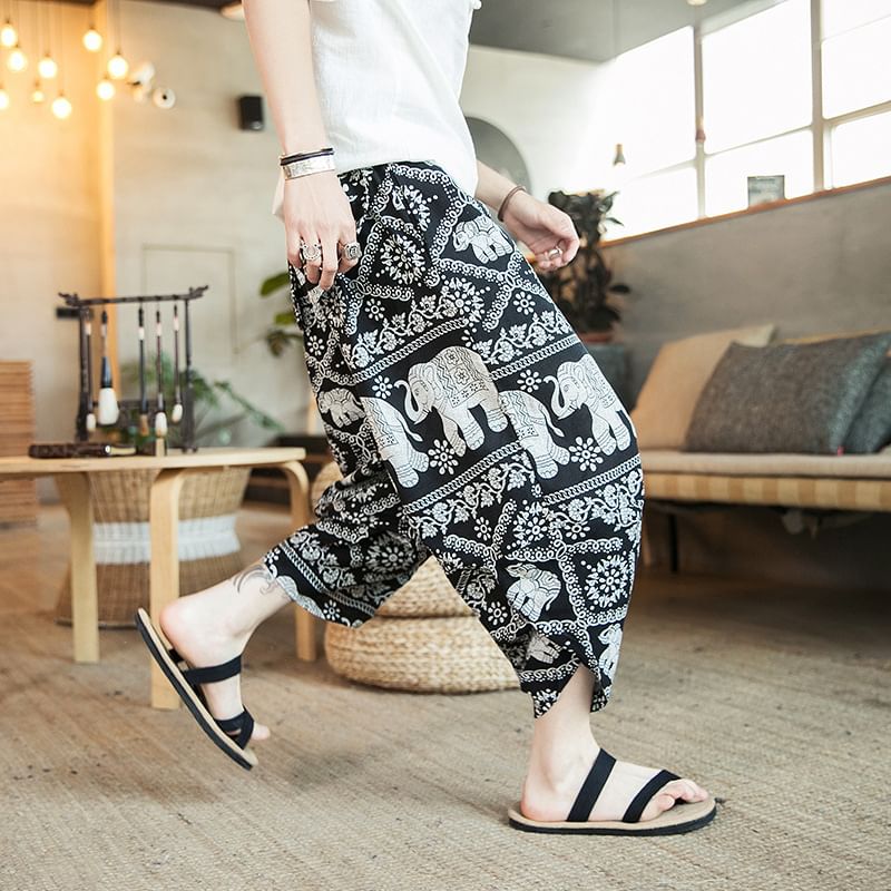 Blueforce - Cropped baggy broek met trekkoord en olifantenprint