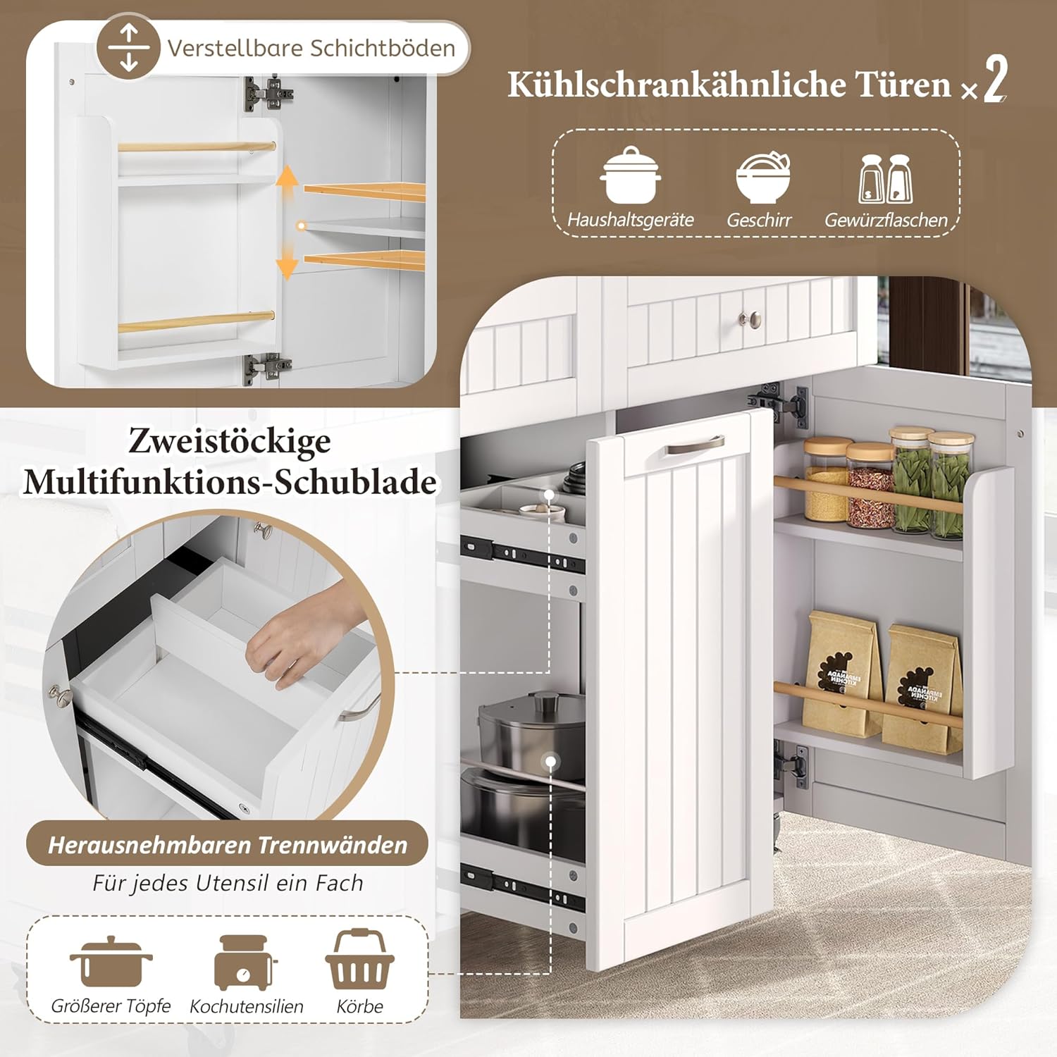 Mobile Kücheninsel Küchenschrank mit Klappbare Arbeitsplatte und Schubladen, Buffetschrank Küchenwagen mit Rollen und Regal, Küchenbuffet, Küchenmöbel, Schrank Weiß, 139.5x40-70x92 cm