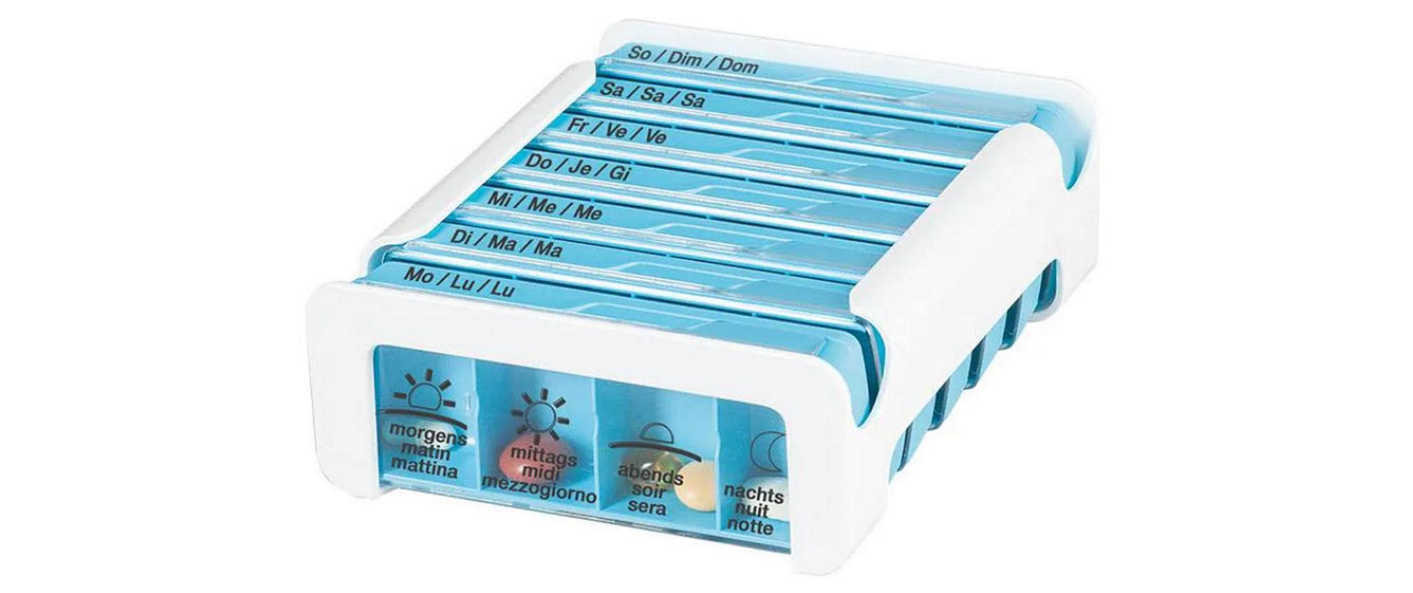 Wochenpillenspender Medidispenser COMPACT hellblau DE/FR/ITMedikamentenbox mit kompakten Abmessungen