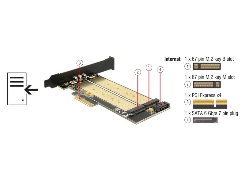 Delock Host Bus Adapter PCI-Ex4 - M.2 1xNVME Key-M, 1xSATA Delock PCI Express x4 Karte > 1 x intern M.2 Key B   1 x intern NVMe M.2 Key M – Low Profile Formfaktor