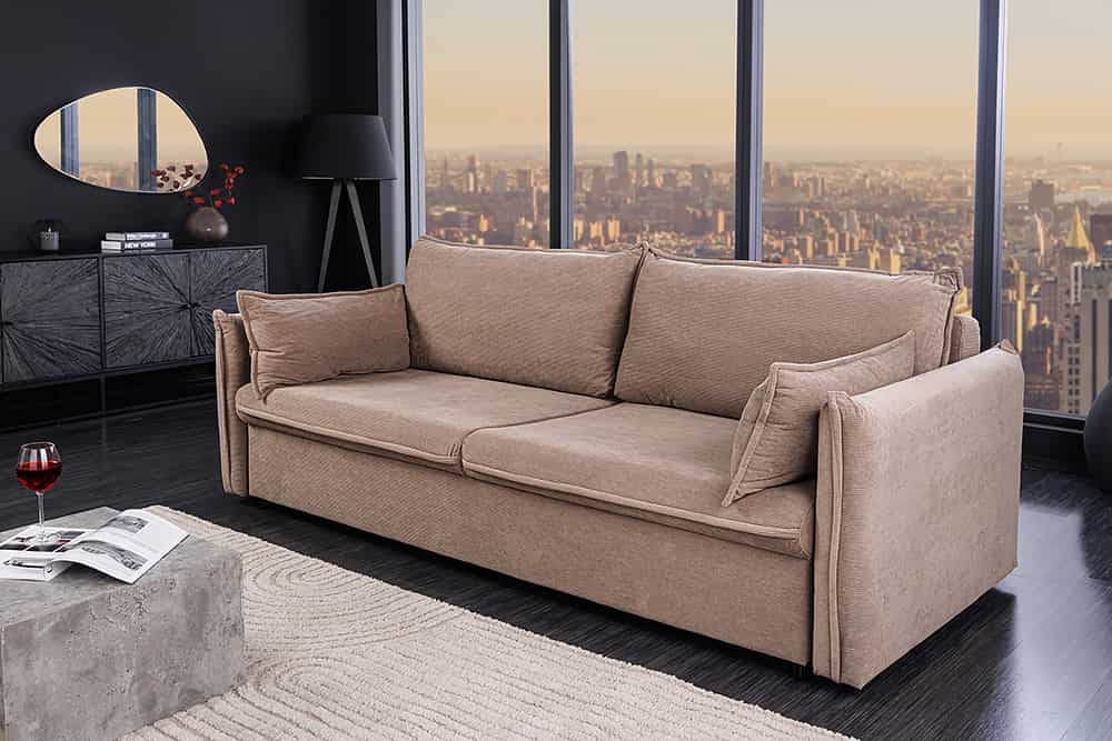Design Schlafsofa APARTMENT 215cm taupe Cord 3-Sitzer Couch inkl. Bettkasten Kissen