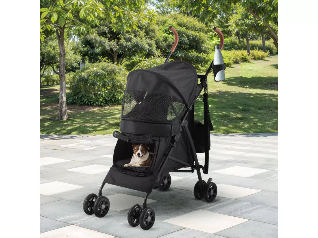 YITAHOME Poussette pour Chiens de Petite et Moyenne Taille - à 4 Roues avec Bretelles - Pliable - Porte-Gobelet - Noir