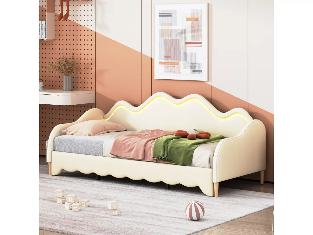 Lit gigogne 90/180 x 190 cm pour enfant - Canapé-lit - Cuir PU - LEDs - Beige