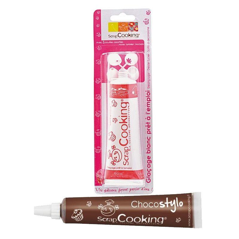 Tube glaçage blanc 100 g + Stylo chocolat Scrapcooking