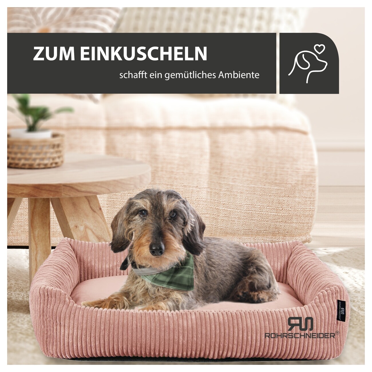 Rohrschneider Hundebett waschbar, robuster Breit-Cordstoff mit Gratis-Beigabe