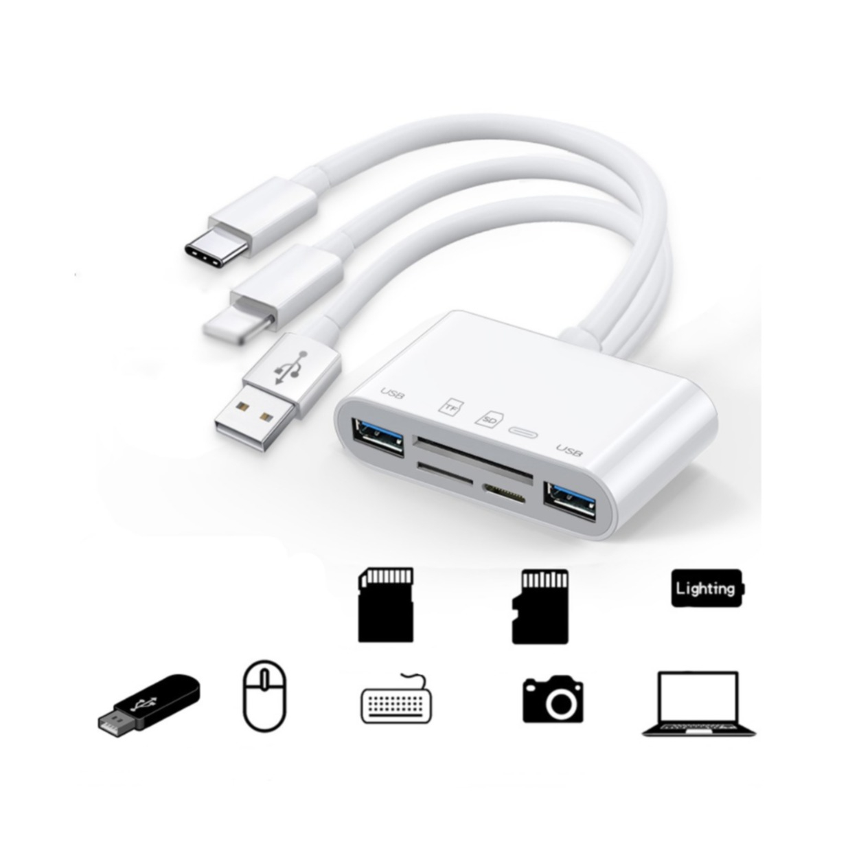 (10cm) Lightning / USB A / USB C auf SD / Micro SD Kartenlesegerät / Dual USB A / Lightning Lade Adapter für Apple iPhone / iPad / MacBook - Weiss