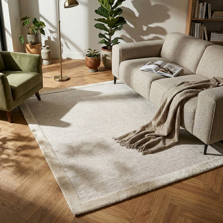 Laagpolig vloerkleed - Elena Border Beige - Handgetuft