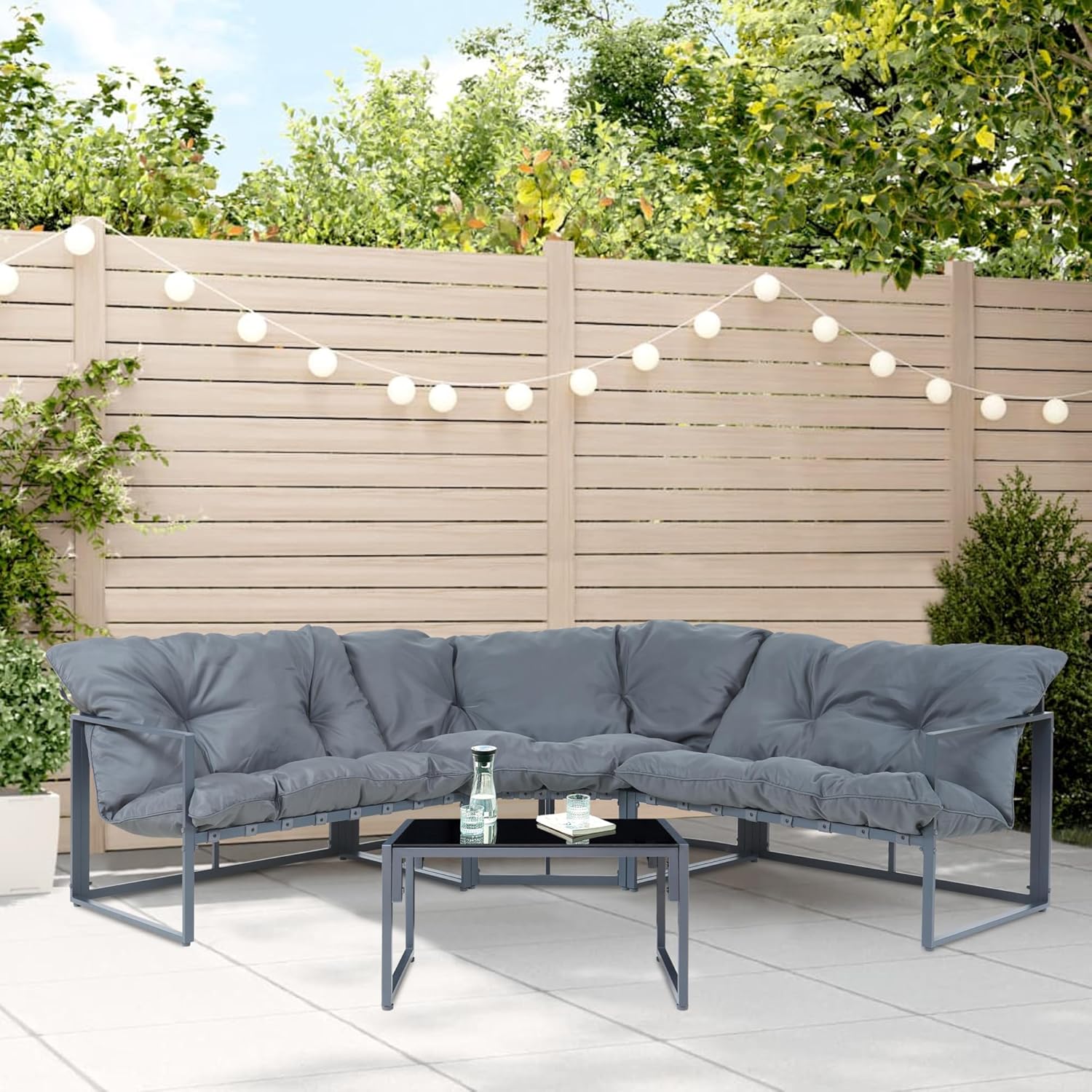 casa.pro Gartenmöbel Set Karg Balkonmöbel Lounge Set 4-teilig Sitzgruppe 3 Sofaelemente mit Couchtisch Outdoor Ecksofa Glasplatte Kissen wetterfest Dunkelgrau