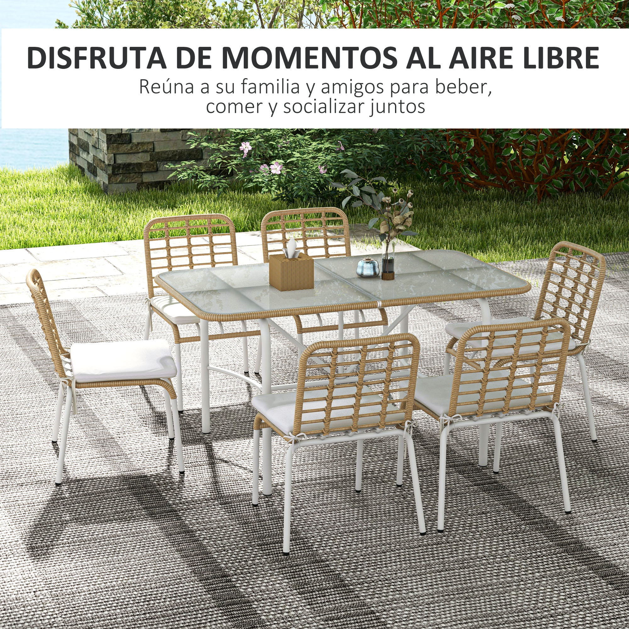 Conjunto de jardim Outsunny em rattan sintético, conjunto de 7 peças para exterior, incluindo 6 cadeiras empilháveis com almofadas e mesa de vidro natural.