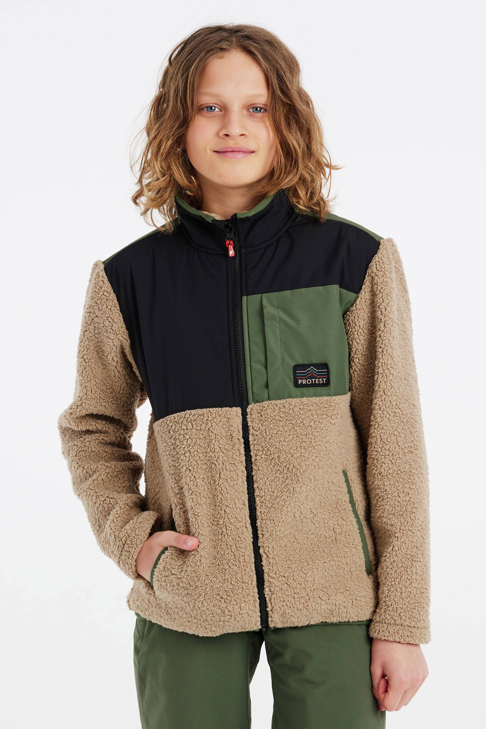 Protest teddy fleece vest PRTHERON JR ecru/zwart/groen