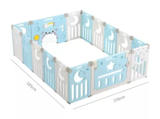 Parc Bébé 16 Panneaux,Barrière de Sécurité Portail Parc XL,Grille de Protection en Plastiqu Ecologiques avec Porte,150x185cm,Bleu