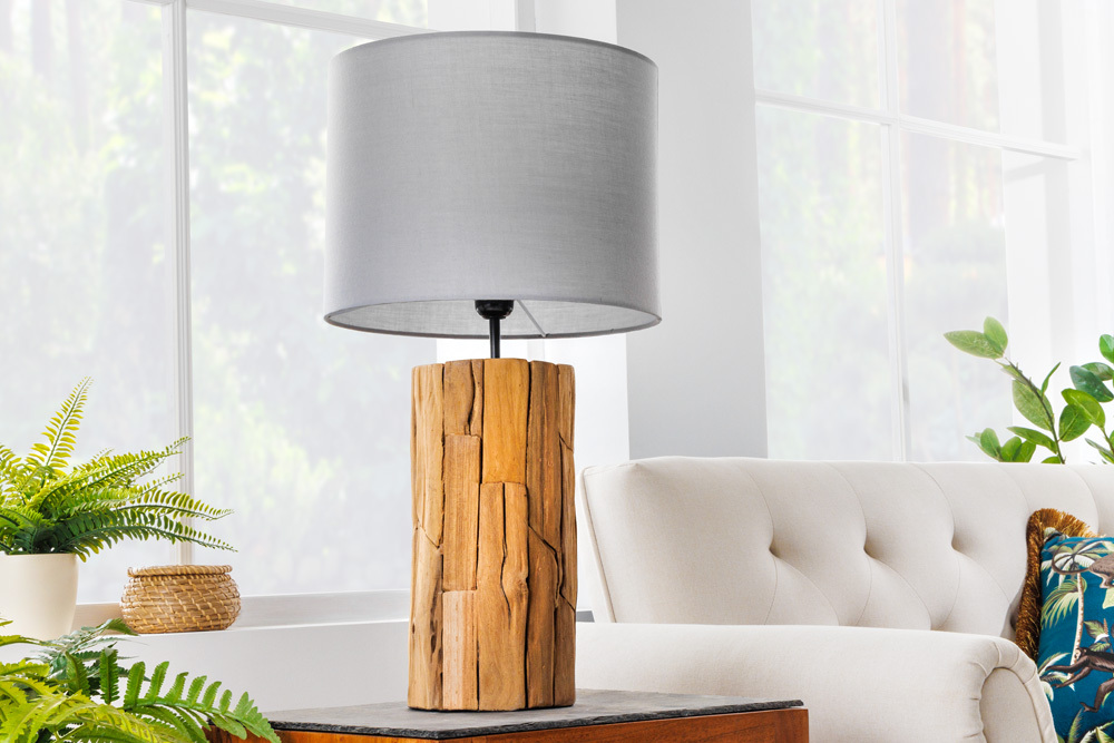 Design Tischlampe ROOTS 60cm Treibholz Leinenschirm grau handmade