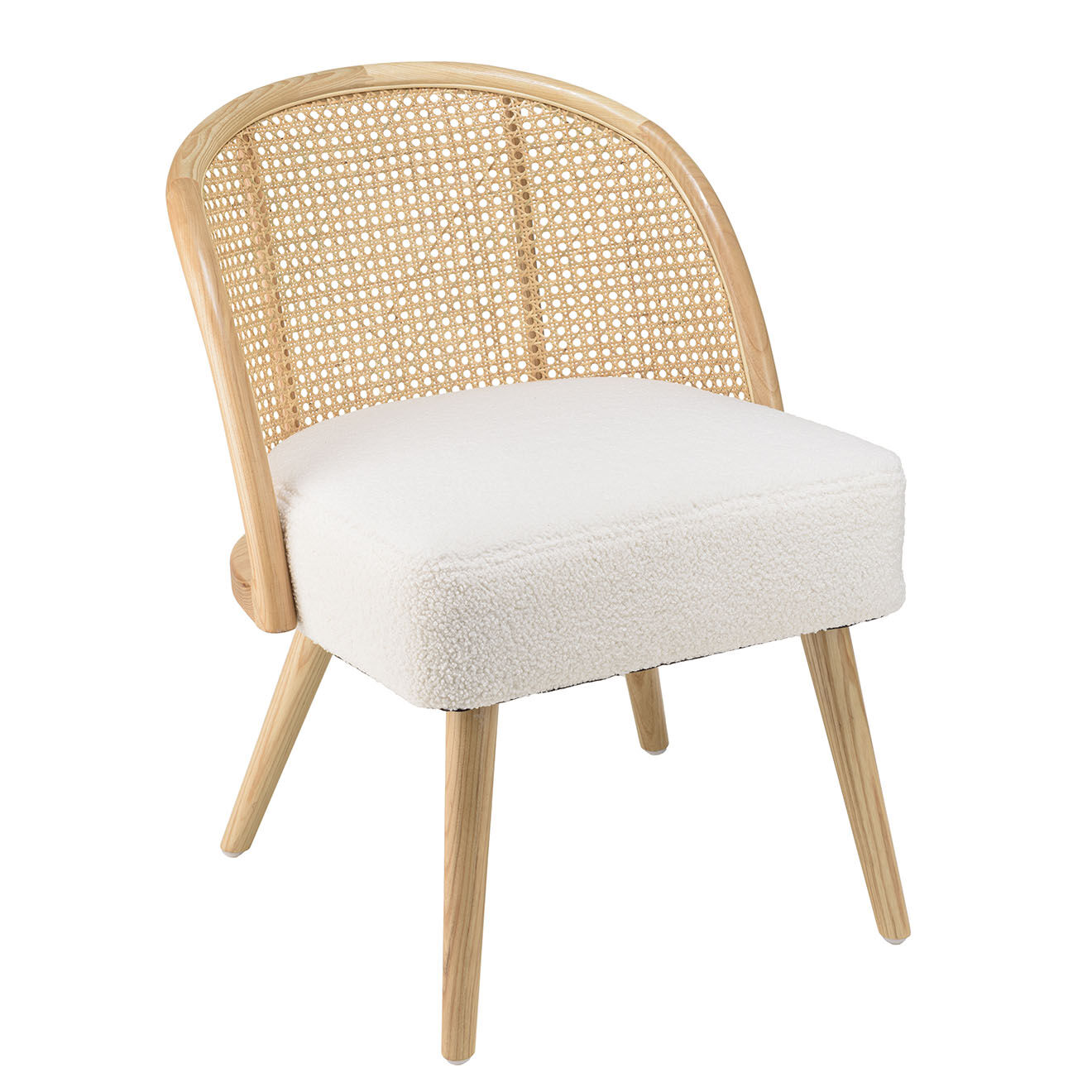 Macabane Chaise basse en bois d'Hévéa tissu bouclette Albane blanche - 55x62x71 cm