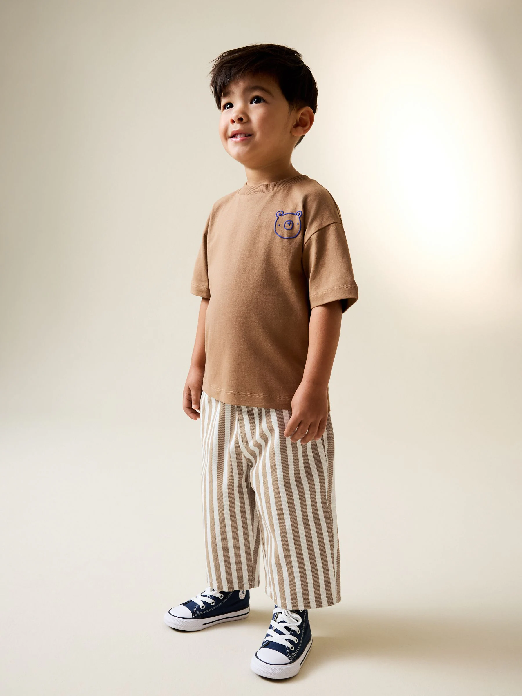 Tan/White Stripe - Wijde broek met elastische taille (3mnd-7jr)