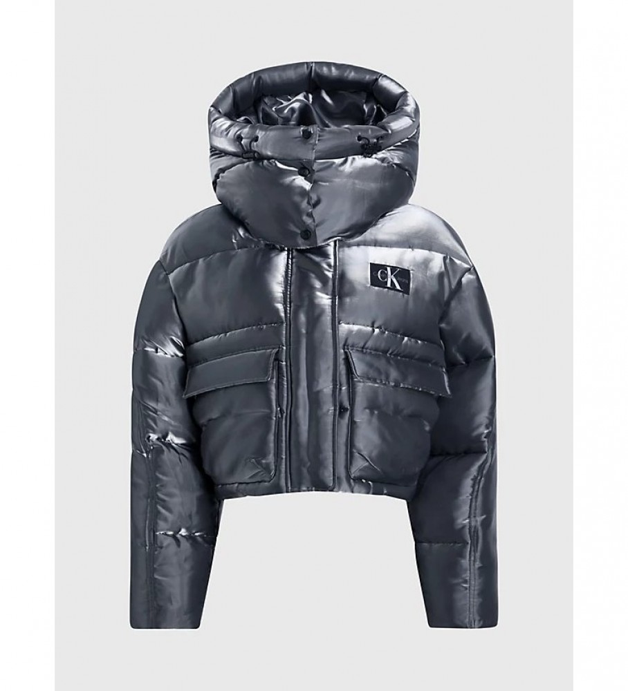 Jaqueta de plumas com capuz Calvin Klein Jeans Liquid Metal cinza