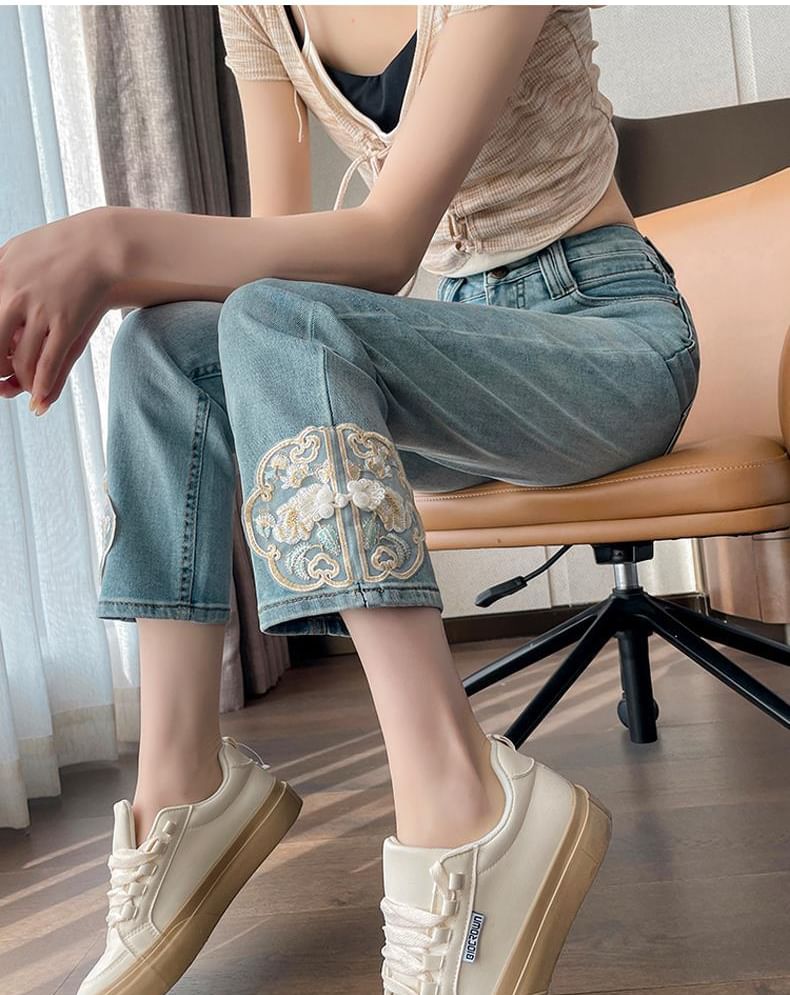 Wisjam - Hoge taille geborduurde gewassen cropped straight leg jeans