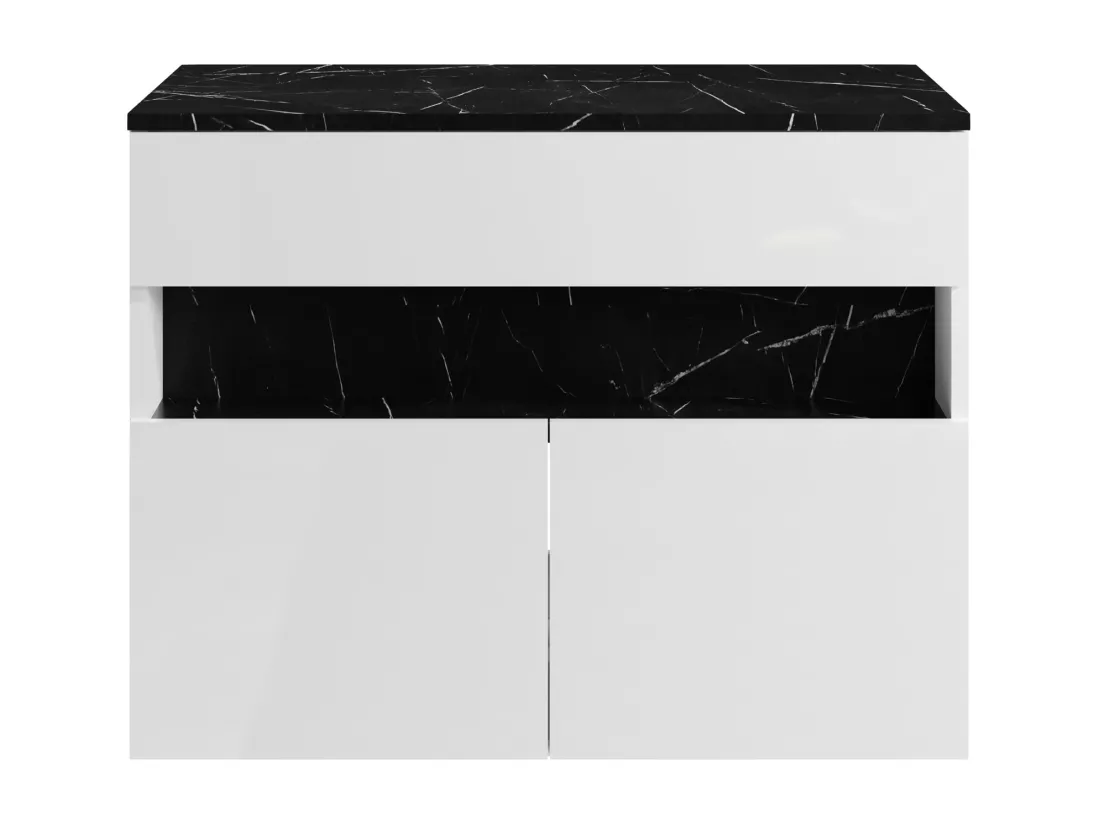 Meuble sous vasque suspendu à LEDs avec planche - Blanc et noir effet marbre - L80 cm - POZEGA