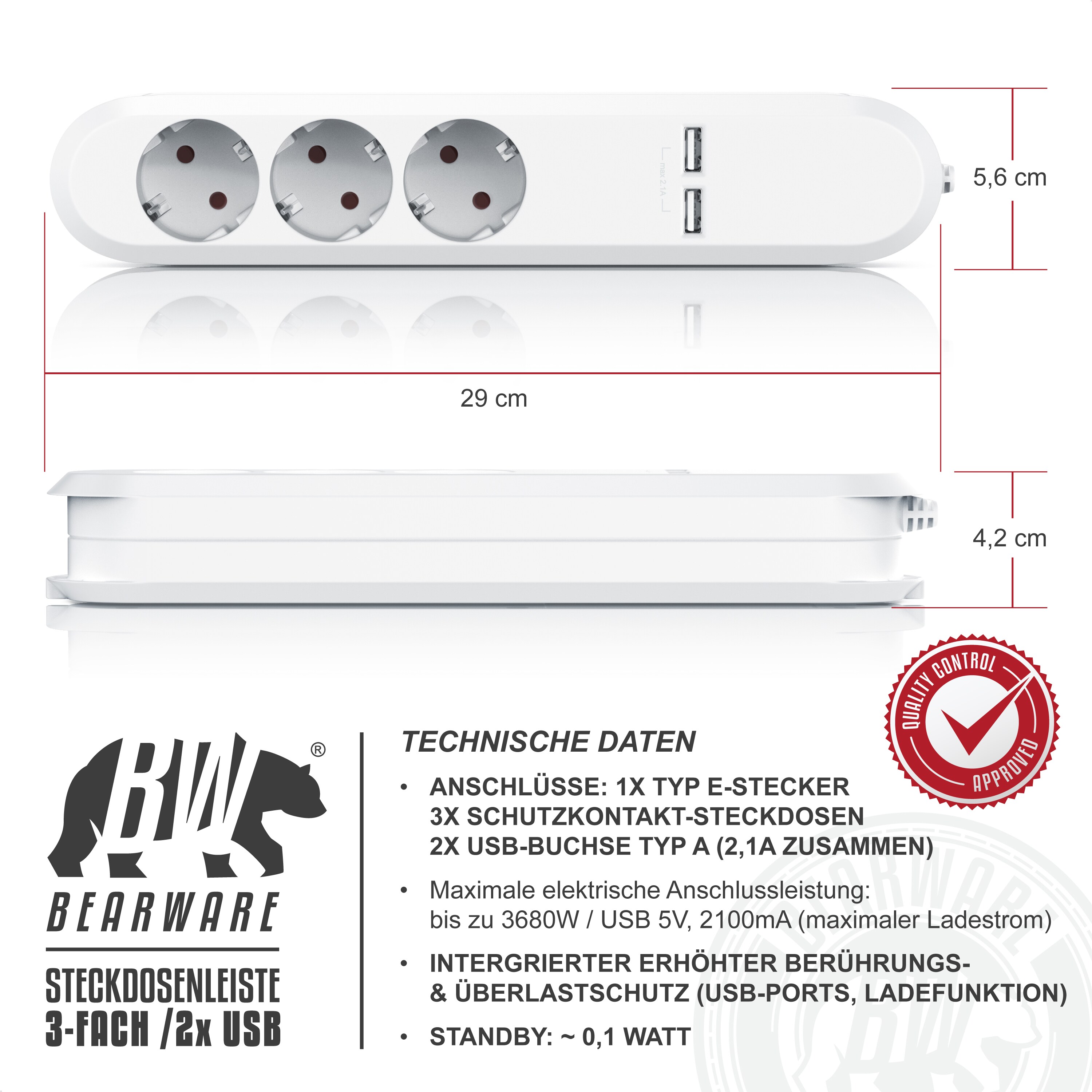 BEARWARE Steckdosenleiste Mehrfachsteckdose Steckerleiste 3680W, 3-fach