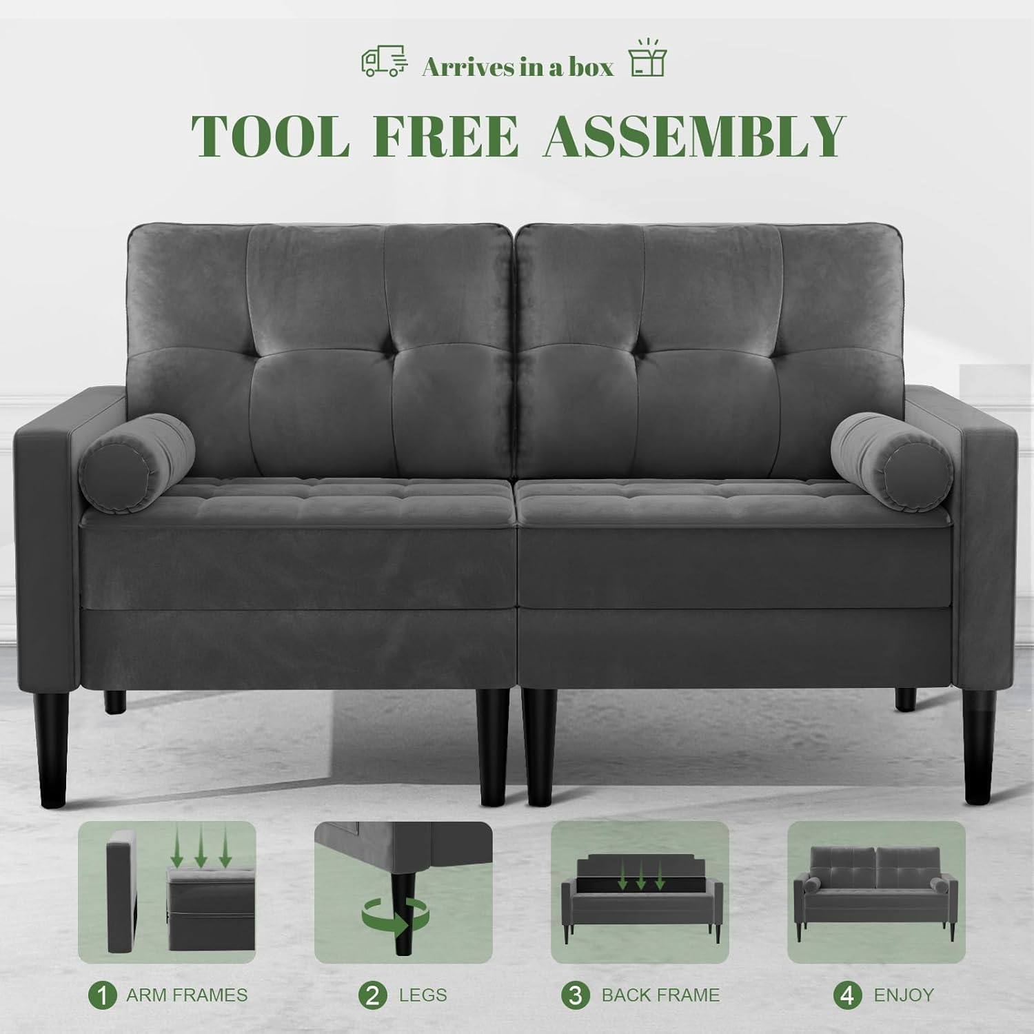 2-Sitzer-Sofa, Samt Couch mit 2 Kissen, Sitzkissen, Modernes Sofa in der Mitte des Jahrhunderts, kleine Sofas für Wohnzimmer/Wohnung/Schlafzimmer, Metallic-Grau