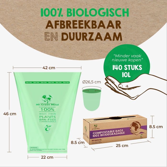 140st Afvalzak bio Mr. Green Mind 43x46cm 10 liter dispenser 140 stuks (8713631204083)