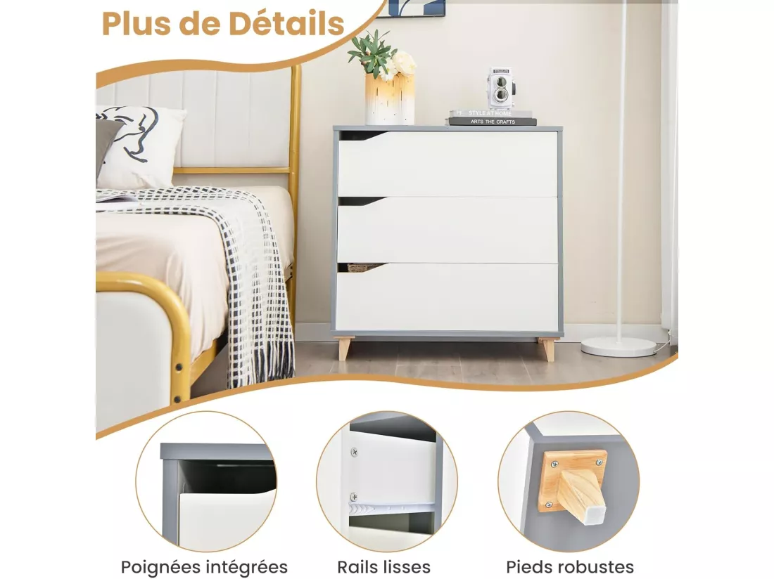 Commode Chambre 3 Tiroirs, Commode Chambre Adulte Enfant, Chiffonnier Commode Blanc Bois, Design Scandinave, Poignée Intégrée, Dispositif Anti-basculement Inclus, 75 x 42 x 75 cm