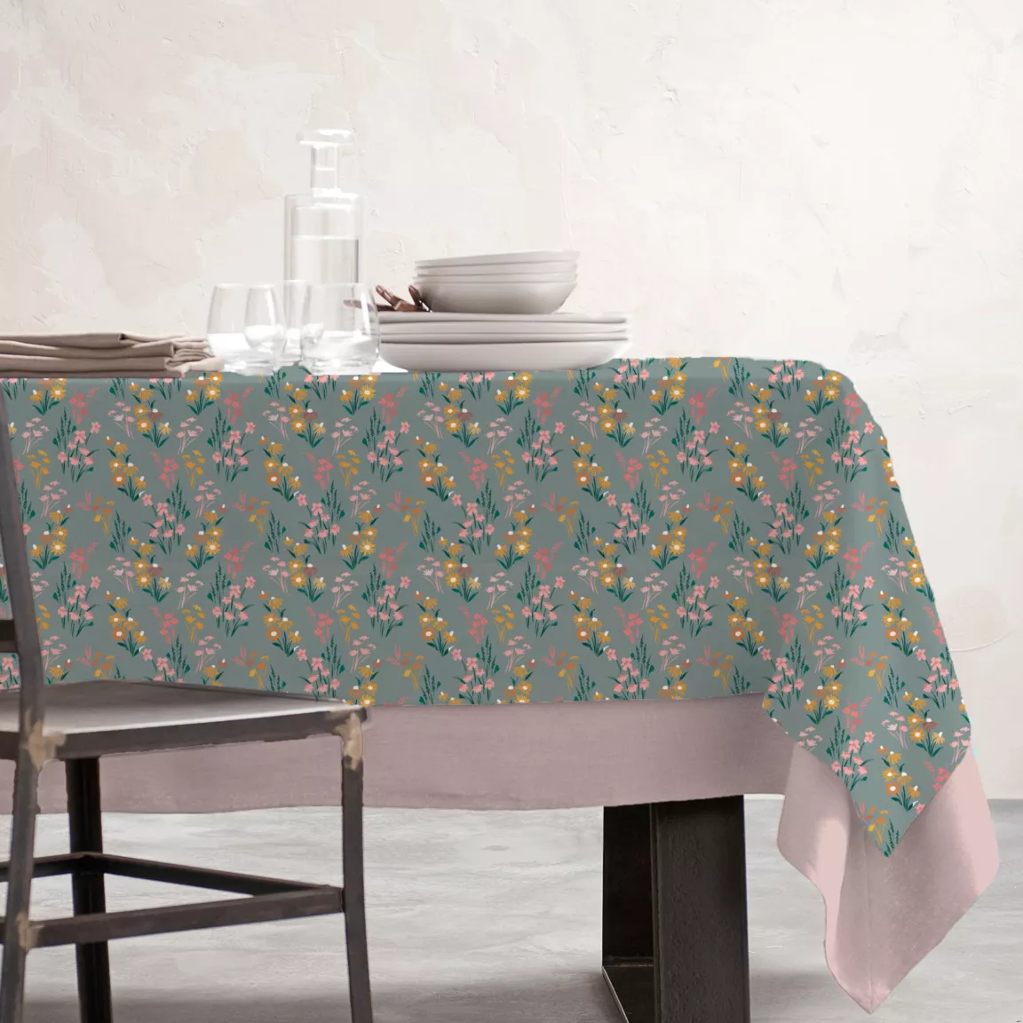 Nappe rectangulaire coton enduit (150 x 350 cm) Juliette Vert eucalyptus