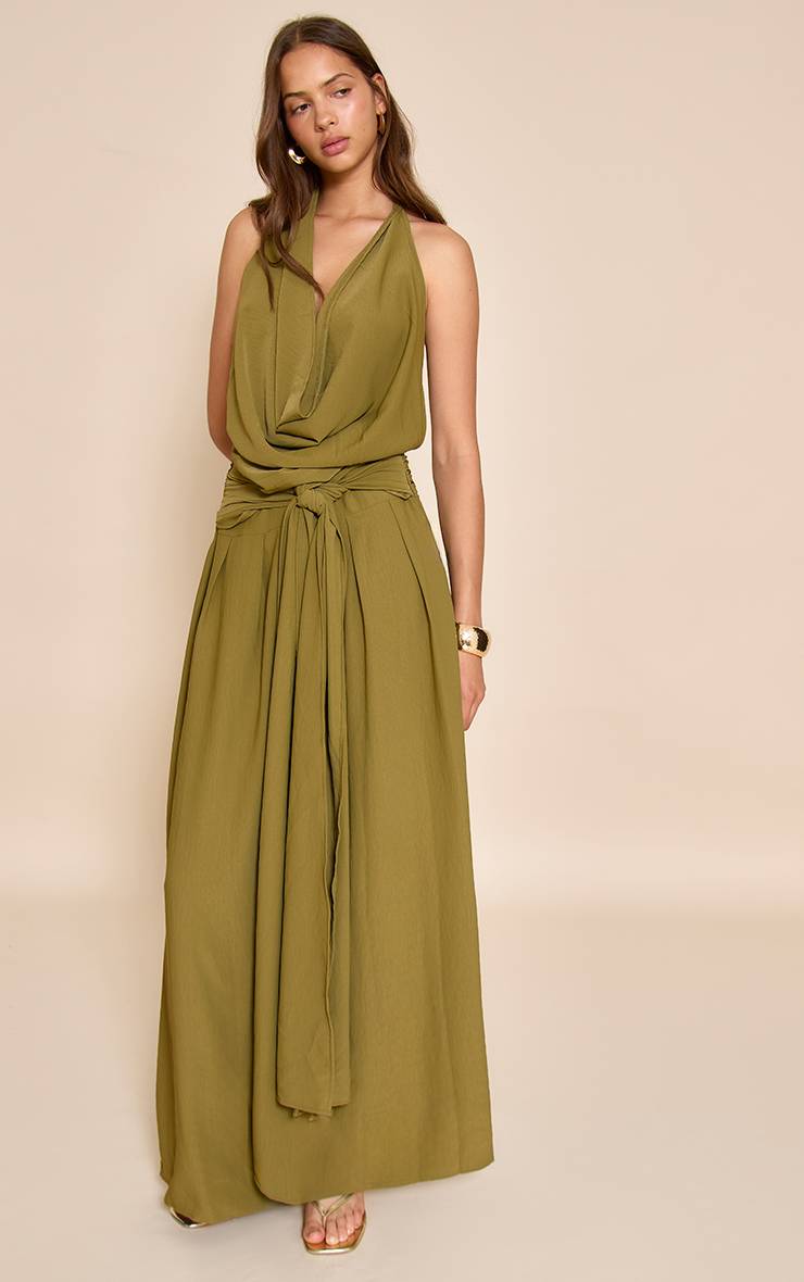 Vert Olive Robe Longue Fluide Tissée À Col Bénitier Et Dos Échancré