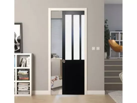 Porte Coulissant Atelier Noir Vitre Depoli H204 X L73 + Systeme De Galandage Et Kit Finition Inclus Gd Menuiseries