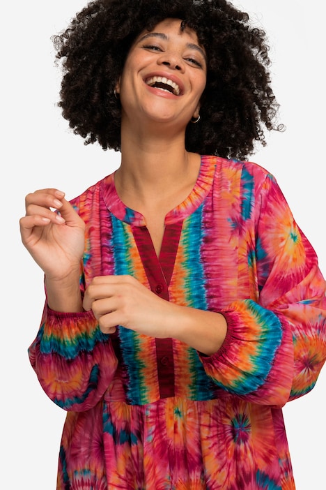 Kleid, Midilänge, Blüten-Muster, Tunika-Ausschnitt, Langarm