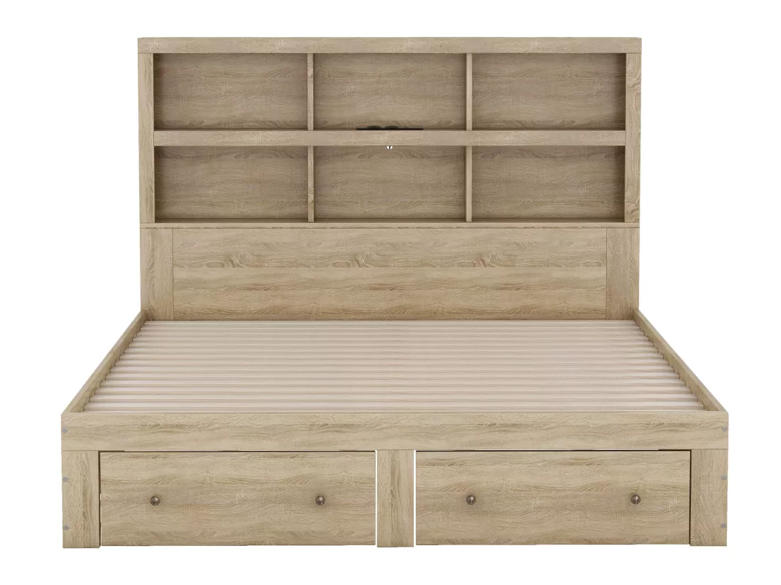 Lit double en bois massif avec tiroirs de rangement et tête de lit, naturel