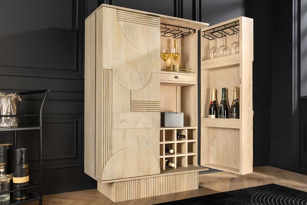 Design Barschrank ART DECO 140cm weiß gekälkt Mangoholz 3D-Front