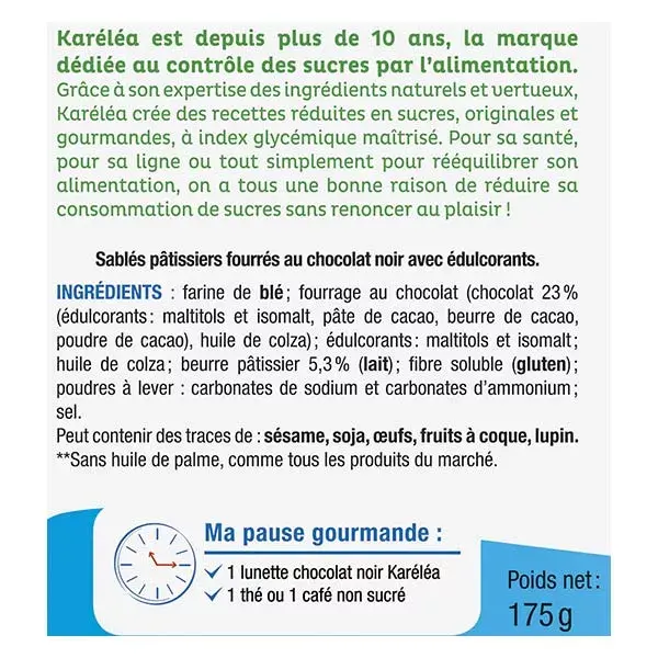 Biscoitos Karéléa sem adição de açúcar, em copos, sabor chocolate amargo, 175g