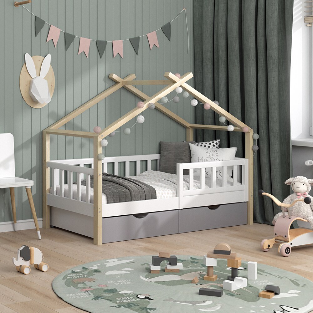 VitaliSpa Kinderbett Hausbett Einzelbett Design Weiß Grau Natur modern 80x160 cm Kinderzimmer Bett Massivholz Lattenrost Schublade Rausfallschutz Schubladenbett